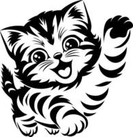 A playful, cartoonish kitten with expressive eyes and raised paw, showcasing a joyful demeanor in a black-and-white design. vector