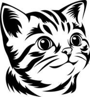 A stylized black and white illustration of a cat's face, featuring large eyes and distinctive stripes, exuding a playful and adorable vibe. vector