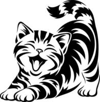 A playful, smiling cat stretching, illustrated in a bold black and white design, exuding joy and liveliness. vector