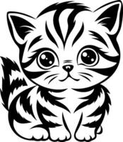 A cute, stylized black-and-white illustration of a kitten with stripes and large, expressive eyes, embodying a playful and charming character. vector