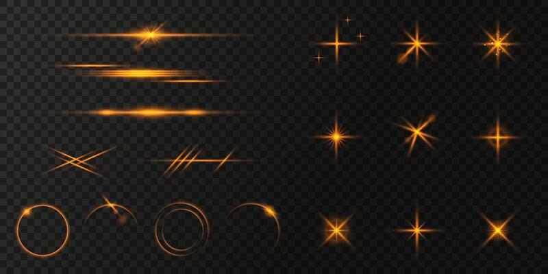 Golden glowing light effects and sparks big set