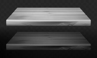 Rustic Wooden Shelves Mockup. Collection of 3d isolated white and black empty woodens shelf for exhibit on dark background vector