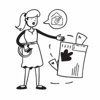 Clean Woman with a recycling sign and a trash bin symbolizing recycling dos and donts with ample space for text concept as A woman holding a recycling sign and a trash bin representing vector