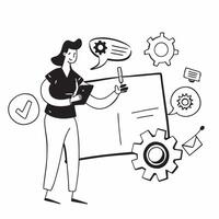 Clean Woman with a laptop and a gear symbolizing tech and mechanics on a minimalist background concept as A woman interacting with a laptop and a gear illustrating the connection betwee vector