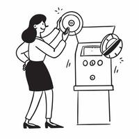 Clean Woman with a lucky coin and a slot machine indicating luck and slots with blank space concept as A woman holding a lucky coin and standing by a slot machine symbolizing luck and s vector
