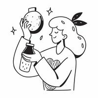 Clean Woman with a bottle of peach nectar and a peach symbolizing peach nectar advertisement with room for writing concept as A woman holding a bottle of peach nectar and a peach repres vector