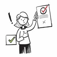 Clean Woman with a green checkmark and a red cross symbolizing correct and incorrect actions with room for writing concept as A woman holding a green checkmark and a red cross represent vector