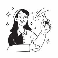 Clean Woman with a bottle of sparkling cider and a cinnamon stick symbolizing cider advertisement with ample space for text concept as A woman holding a bottle of sparkling cider and a vector