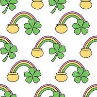 Clean Whimsical pots of gold and clovers seamless tile pattern with vibrant rainbow accents concept as Vibrant rainbow accents highlight whimsical pots of gold and clovers in seamless ti vector