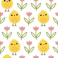 Clean Whimsical Easter chicks and tulips seamless tile pattern with playful spring hues concept as Playful spring hues highlight whimsical Easter chicks and tulips in seamless tile patte vector