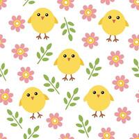Clean Whimsical Easter chicks and floral blooms seamless tile pattern with playful spring colors concept as Playful spring colors feature whimsical Easter chicks amidst floral blooms in vector
