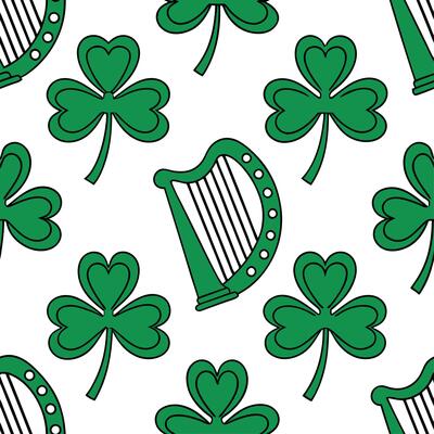 Clean Whimsical Irish harps and clovers seamless tile pattern with vibrant green accents concept as Vibrant green accents highlight whimsical Irish harps intertwined with clovers in seam