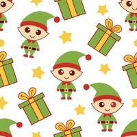 Clean Whimsical Christmas elves and gifts seamless tile pattern with playful holiday elements concept as Playful Christmas elves and gifts create whimsical seamless tile pattern with fes vector