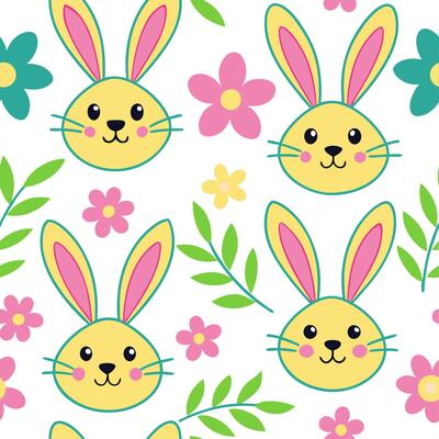 Clean Whimsical Easter bunny and floral arrangement seamless tile pattern with vibrant spring hues concept as Vibrant spring hues highlight whimsical Easter bunnies amidst floral arrange