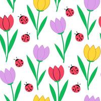 Clean Vibrant Easter tulips and ladybugs seamless tile pattern with colorful spring accents concept as Colorful spring accents with vibrant Easter tulips and ladybugs create seamless til Set 2 vector