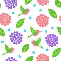 Clean Vibrant Easter hydrangeas and hummingbirds seamless tile pattern with lively spring colors concept as Lively spring colors feature vibrant Easter hydrangeas and hummingbirds in sea vector