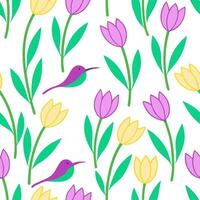Clean Vibrant Easter tulips and hummingbirds seamless tile pattern with lively spring vibes concept as Lively spring vibes with vibrant Easter tulips and hummingbirds create seamless til vector
