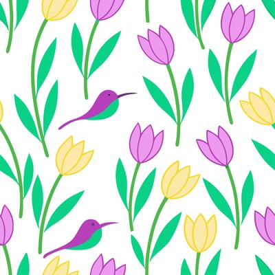 Clean Vibrant Easter tulips and hummingbirds seamless tile pattern with lively spring vibes concept as Lively spring vibes with vibrant Easter tulips and hummingbirds create seamless til