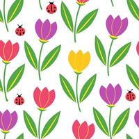 Clean Vibrant Easter tulips and ladybugs seamless tile pattern with colorful spring accents concept as Colorful spring accents with vibrant Easter tulips and ladybugs create seamless til vector