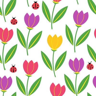 Clean Vibrant Easter tulips and ladybugs seamless tile pattern with colorful spring accents concept as Colorful spring accents with vibrant Easter tulips and ladybugs create seamless til