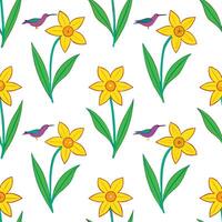 Clean Vibrant Easter daffodils and hummingbirds seamless tile pattern with lively spring energy concept as Lively spring energy with vibrant Easter daffodils and hummingbirds create seam vector