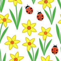Clean Vibrant Easter daffodils and ladybugs seamless tile pattern with lively spring colors concept as Lively spring colors highlight vibrant Easter daffodils and ladybugs in seamless ti vector
