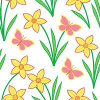 Clean Vibrant Easter daffodils and butterflies seamless tile pattern with lively spring colors concept as Lively spring colors highlight vibrant Easter daffodils and butterflies in seaml vector