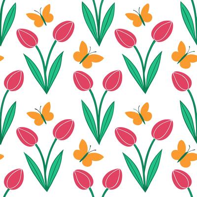 Clean Vibrant Easter tulips and butterflies seamless tile pattern with lively spring elements concept as Lively spring elements like vibrant tulips and butterflies create seamless tile p