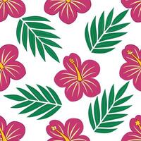 Clean Tropical summer seamless pattern with hibiscus flowers and exotic leaves for bright lively spaces concept as Hibiscus flowers and exotic leaves arranged in a seamless tile pattern vector