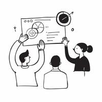 Clean Team members discussing quarterly targets in a business meeting concept as A illustration of team members discussing quarterly targets in a business meeting using a 3 color vector