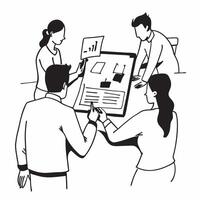 Clean Team members reviewing project deliverables in a business meeting concept as A illustration of team members reviewing project deliverables in a business meeting using a 3 co vector