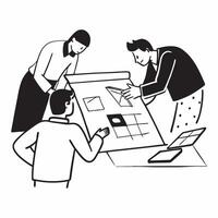 Clean Team members collaborating on a project plan concept as A illustration of team members collaborating on a project plan in a modern workspace using a 3 color tone to emphasiz vector