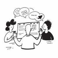 Clean Team members sharing ideas in a collaborative meeting concept as A illustration of team members sharing ideas in a collaborative meeting featuring a 3 color palette to highl vector