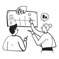 Clean Team members discussing market trends in a business meeting concept as A illustration of team members discussing market trends in a business meeting using a 3 color tone to vector