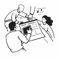 Clean Team members collaborating on a business report in a meeting concept as A illustration of team members collaborating on a business report in a meeting using a 3 color palett vector