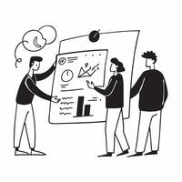 Clean Team discussing project milestones in a meeting room concept as A illustration of a team discussing project milestones in a meeting room utilizing a 3 color palette to highl vector
