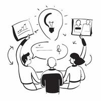Clean Team brainstorming ideas in a creative meeting room concept as A illustration of a team brainstorming ideas in a creative meeting room using a 3 color scheme to highlight in vector