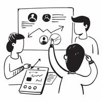 Clean Team discussing customer feedback in a business meeting concept as A illustration of a team discussing customer feedback in a business meeting using a 3 color scheme to high vector
