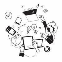 Clean Startup team collaborating on a business plan concept as A illustration of a startup team collaborating on a business plan using laptops and digital tools with an 8 color pa vector