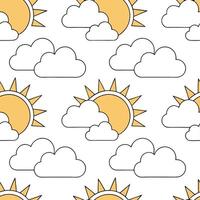 Clean Springtime sun and clouds seamless tile pattern with golden light peeking through the clouds concept as Golden sunlight peeks through fluffy clouds creating a seamless spring patte vector