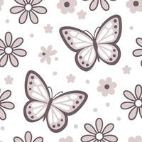 Clean Spring pastel seamless pattern with delicate butterflies and flowers for whimsical garden decor concept as Soft butterflies and pastel flowers arranged seamlessly for a whimsical a vector