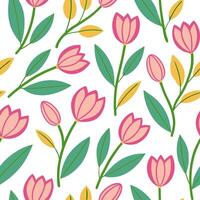 Clean Spring flowers seamless tile pattern with peonies and tulips for lively colorful interiors concept as Lively peonies and tulips seamlessly arranged in colorful patterns for fresh v vector