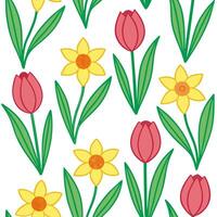 Clean Spring flowers seamless tile pattern featuring vibrant tulips and daffodils for cheerful interiors concept as Bright tulips and daffodils arranged seamlessly in a lively tile patte vector