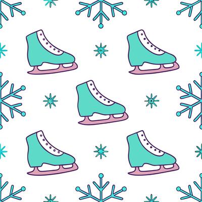 Clean Sparkling ice skates and snowflakes seamless tile pattern with winter sports flair concept as Ice skates adorned with sparkling snowflakes create a seamless tile pattern with a win