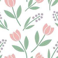 Clean Soft pastel seamless tile pattern with tulips and lilacs for refreshing spring decor concept as Refreshing tulips and lilacs in soft pastel tones arranged seamlessly for a light an vector