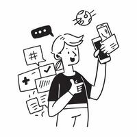 Clean Social media manager with a smartphone and a hashtag symbol representing digital communication and trends with space for notes concept as A social media manager holding a smartpho vector