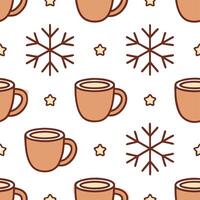 Clean Snowflake and hot beverage seamless tile pattern with cozy winter elements and warm colors concept as Cozy winter elements like mugs of hot beverages paired with snowflakes create vector