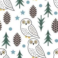 Clean Snowy owl and pine cone seamless tile pattern with winter forest elements concept as Snowy owls perched on pine cones create a seamless tile pattern with winter forest elements for vector