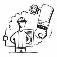 Clean Silhouette of an engineer and a mechanical blueprint symbolizing technical design in double exposure with copy space concept as A silhouette of an engineer merged with a mechanica vector