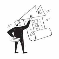 Clean Silhouette of an architect and a house floor plan symbolizing home planning in double exposure with copy space concept as A silhouette of an architect blended with a house floor p vector